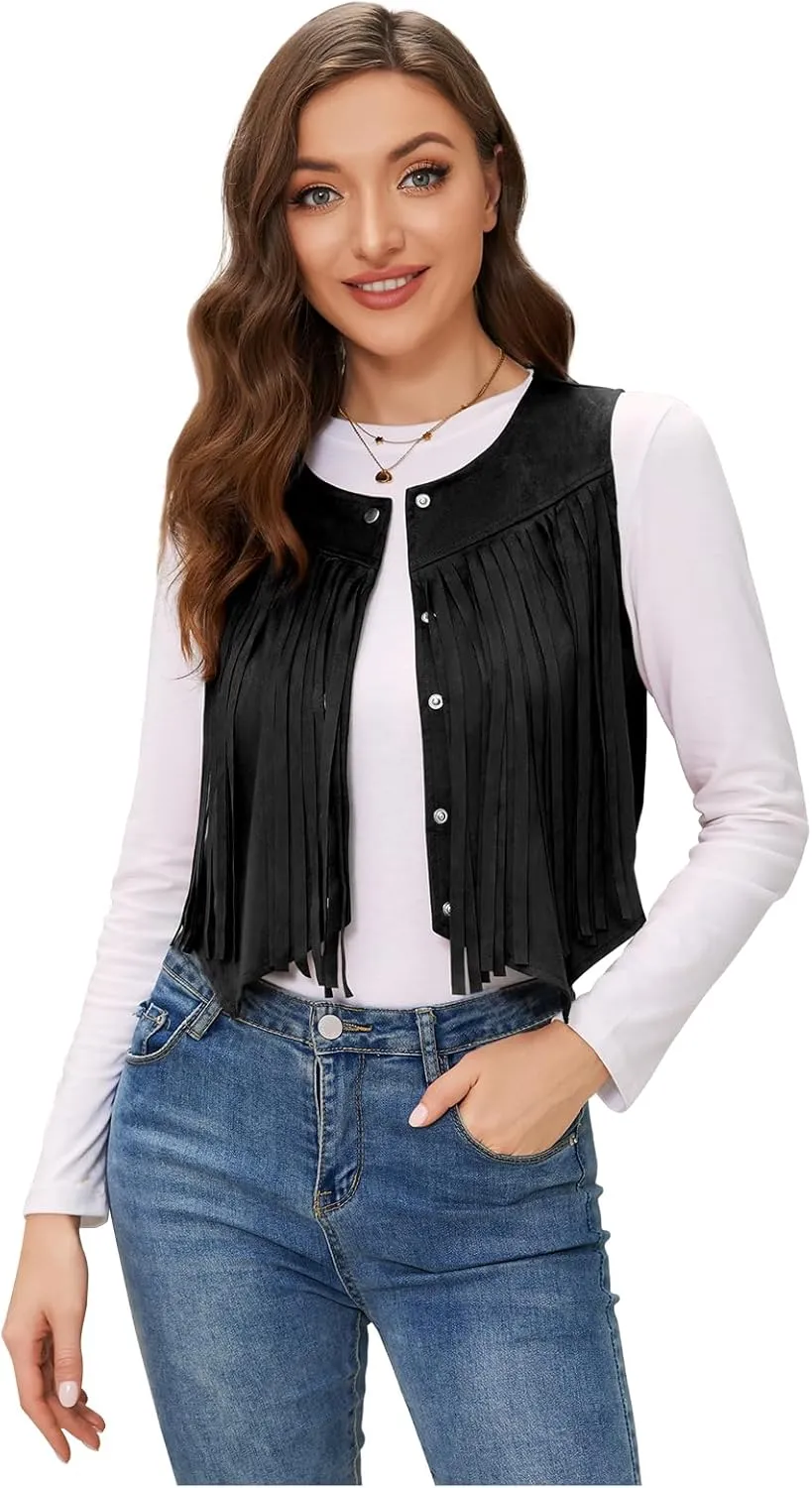 JASGOOD Women's Tassel Vest 70s Hippie Faux Suede Sleeveless Fringe Jacket Western Outfit for Women