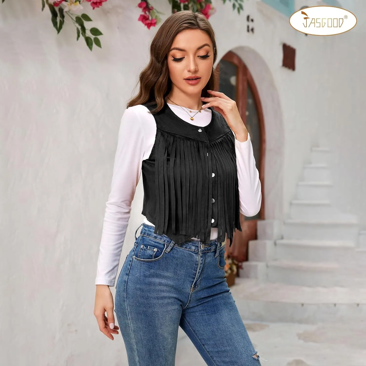 JASGOOD Women's Tassel Vest 70s Hippie Faux Suede Sleeveless Fringe Jacket Western Outfit for Women