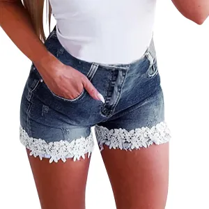 Jean Shorts Womens Summer High Waisted Denim Shorts Stretchy Lace Trim Short Jeans Butt Lifting Jorts with Pockets
