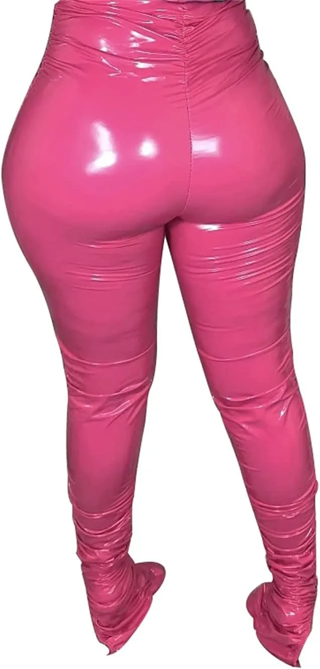 JEShifangjiusu Women Faux Leather Leggings Pants High Waist Straight Wide Leg PU Pleather Casual Solid Trousers Pockets
