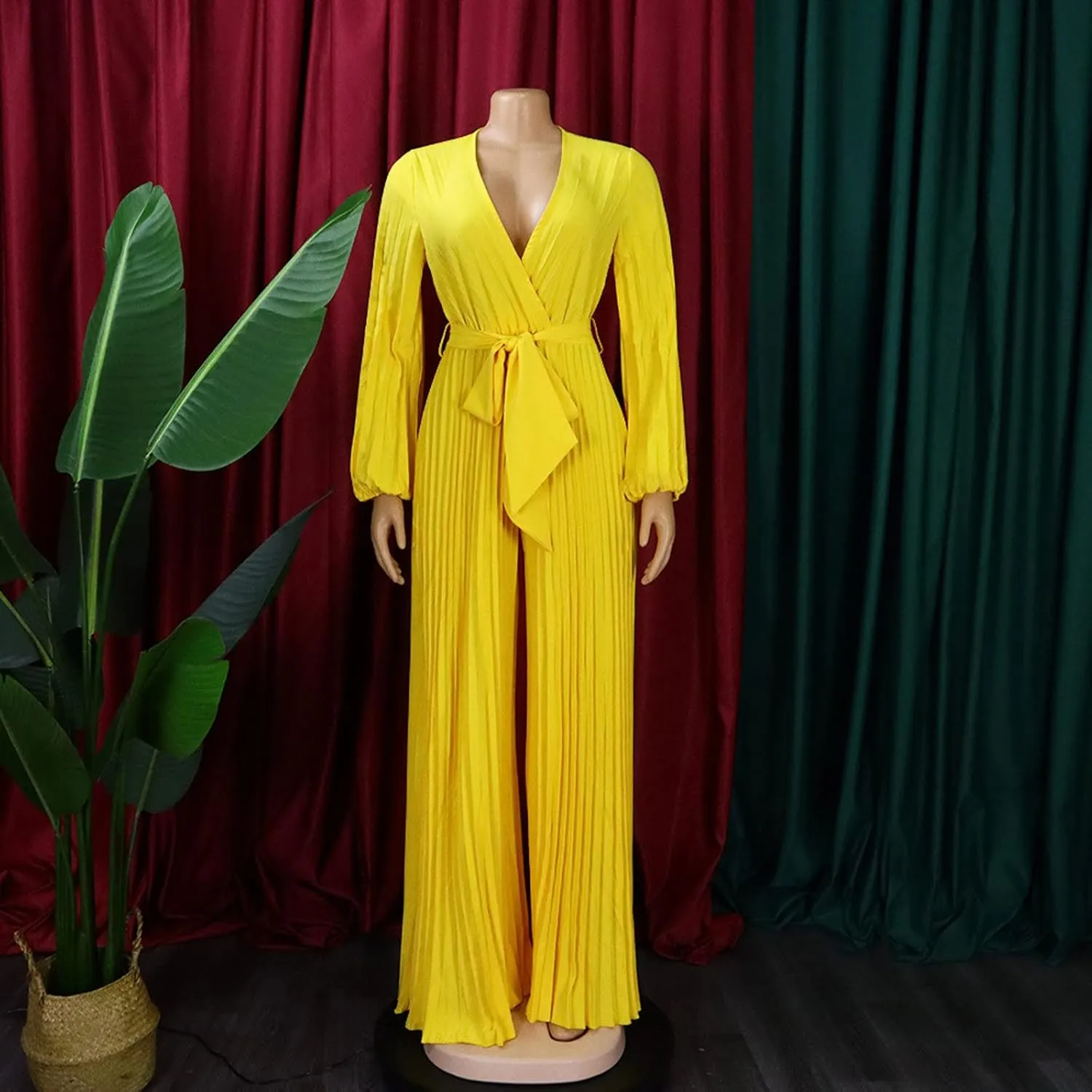 Jumpsuits for Women Dressy Formal V Neck Fall Long Sleeve Tie Waist Curvy Pleated Jumpsuit Wide Leg Pants Rompers