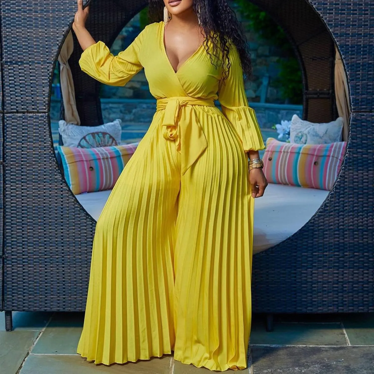 Jumpsuits for Women Dressy Formal V Neck Fall Long Sleeve Tie Waist Curvy Pleated Jumpsuit Wide Leg Pants Rompers