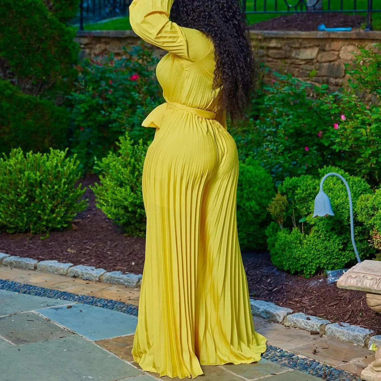 Jumpsuits for Women Dressy Formal V Neck Fall Long Sleeve Tie Waist Curvy Pleated Jumpsuit Wide Leg Pants Rompers