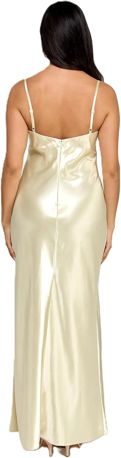 Juniors Long Spaghetti Strap Satin Dress W/Rhinestone Trim