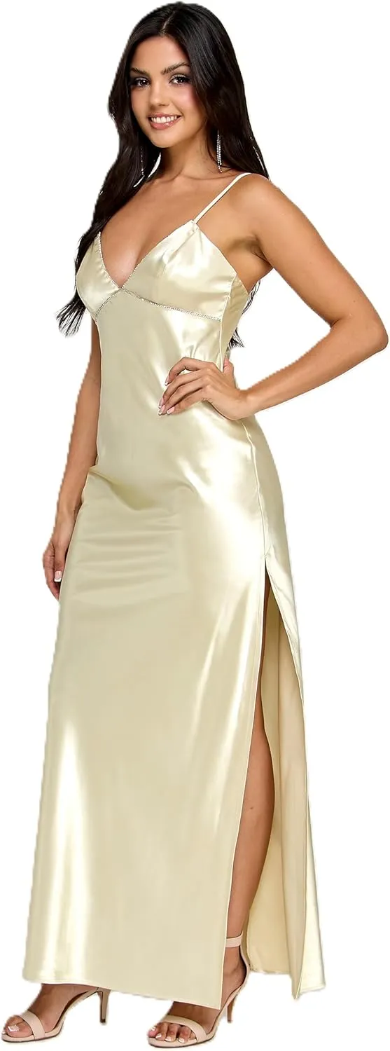 Juniors Long Spaghetti Strap Satin Dress W/Rhinestone Trim