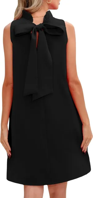 Kedera Women's Summer Casual Mini Dress Ruffle Mock Neck Sleeveless Loose Dress Swing Solid Shift Dress with Bow