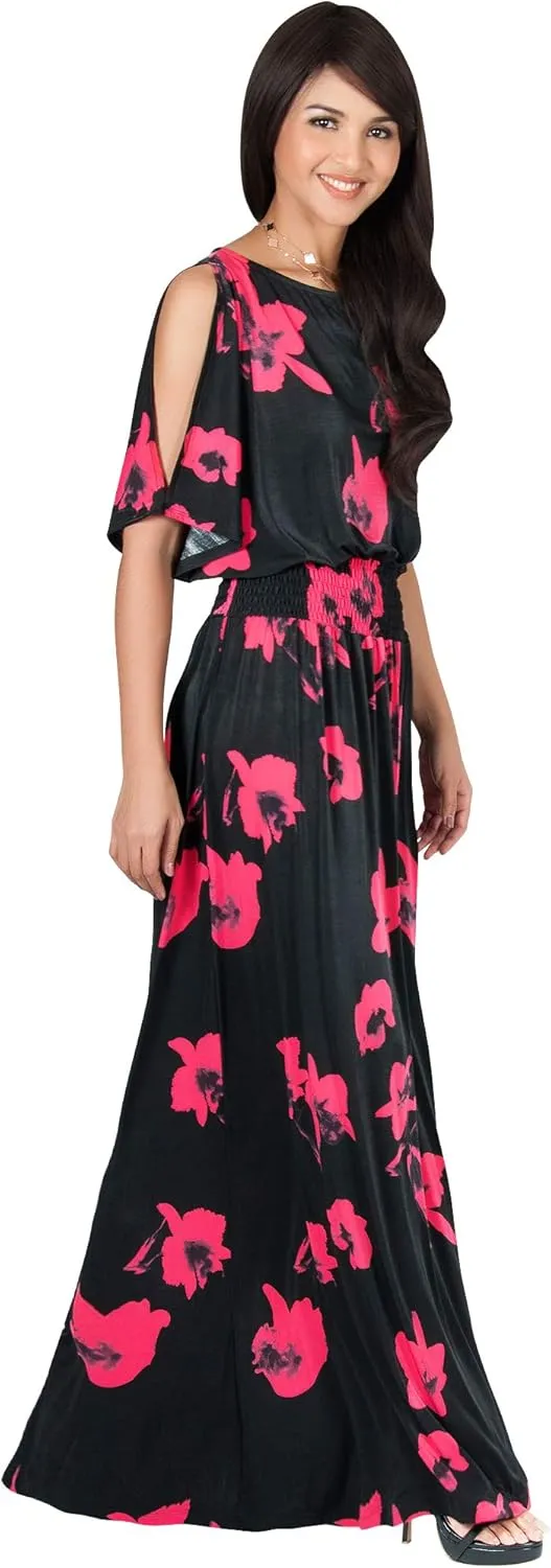 KOH KOH Womens Long Short Sleeve Printed Summer Sexy Casual Sundress Maxi Dress