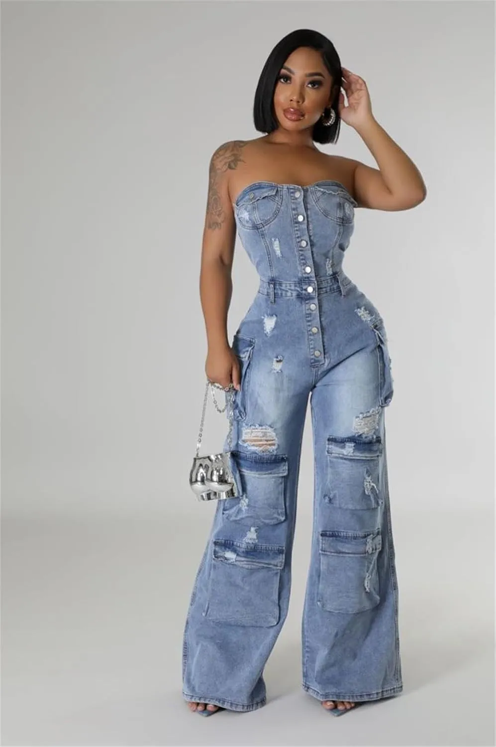 ksotutm Denim Jumpsuit for Women Strapless Multi Pockets Wide Leg Loose Baggy Jean Romper Cargo Overalls