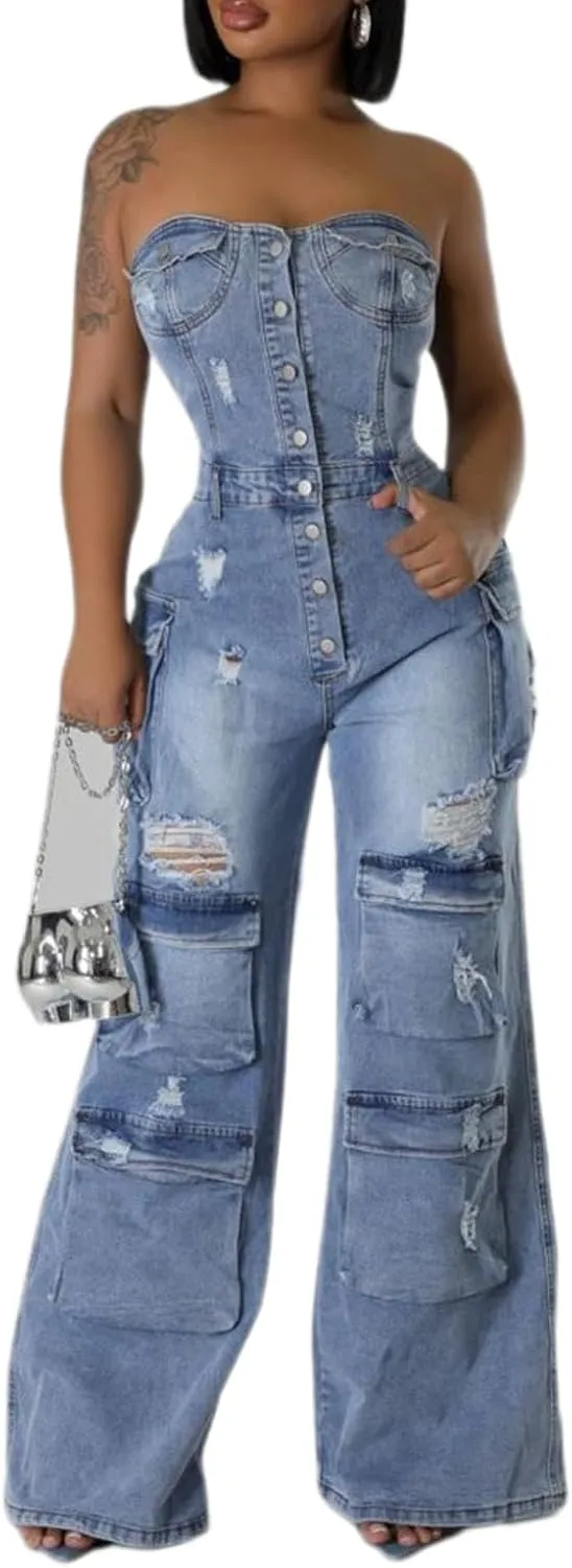 ksotutm Denim Jumpsuit for Women Strapless Multi Pockets Wide Leg Loose Baggy Jean Romper Cargo Overalls