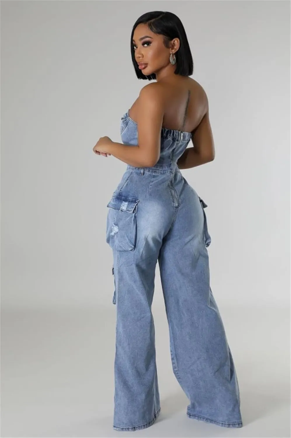 ksotutm Denim Jumpsuit for Women Strapless Multi Pockets Wide Leg Loose Baggy Jean Romper Cargo Overalls