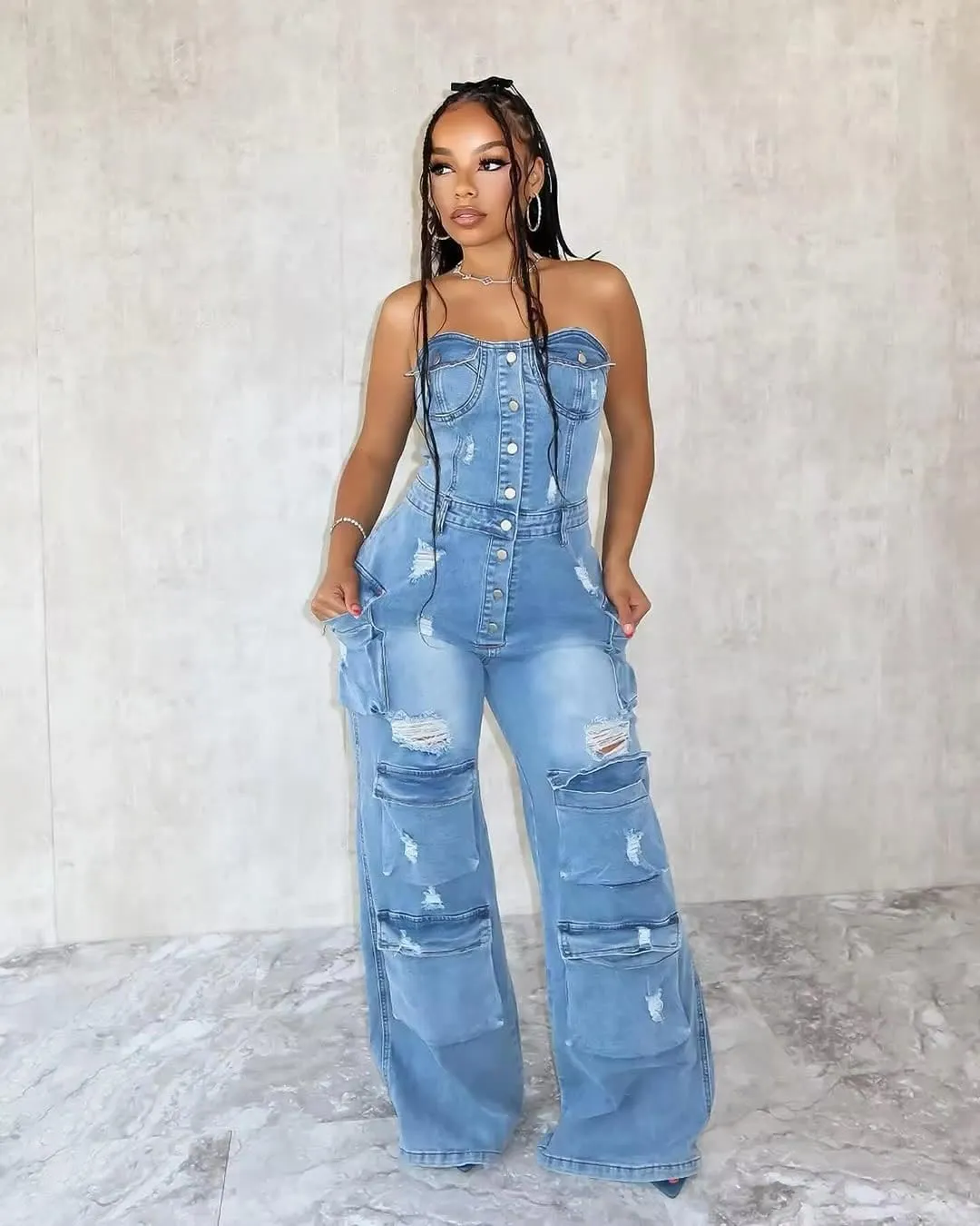 ksotutm Denim Jumpsuit for Women Strapless Multi Pockets Wide Leg Loose Baggy Jean Romper Cargo Overalls