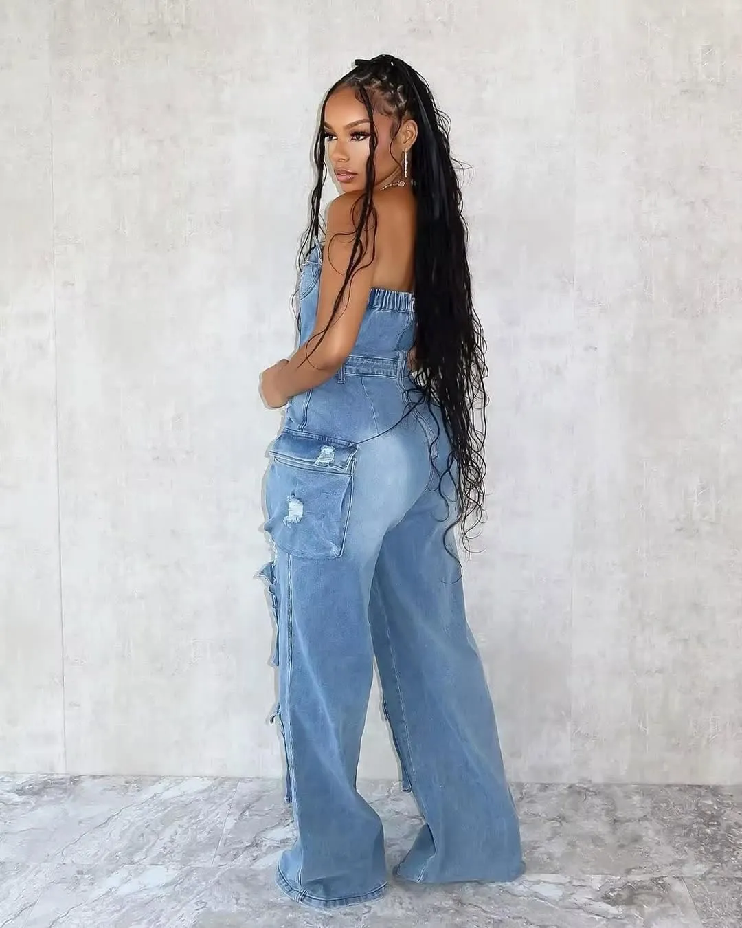 ksotutm Denim Jumpsuit for Women Strapless Multi Pockets Wide Leg Loose Baggy Jean Romper Cargo Overalls