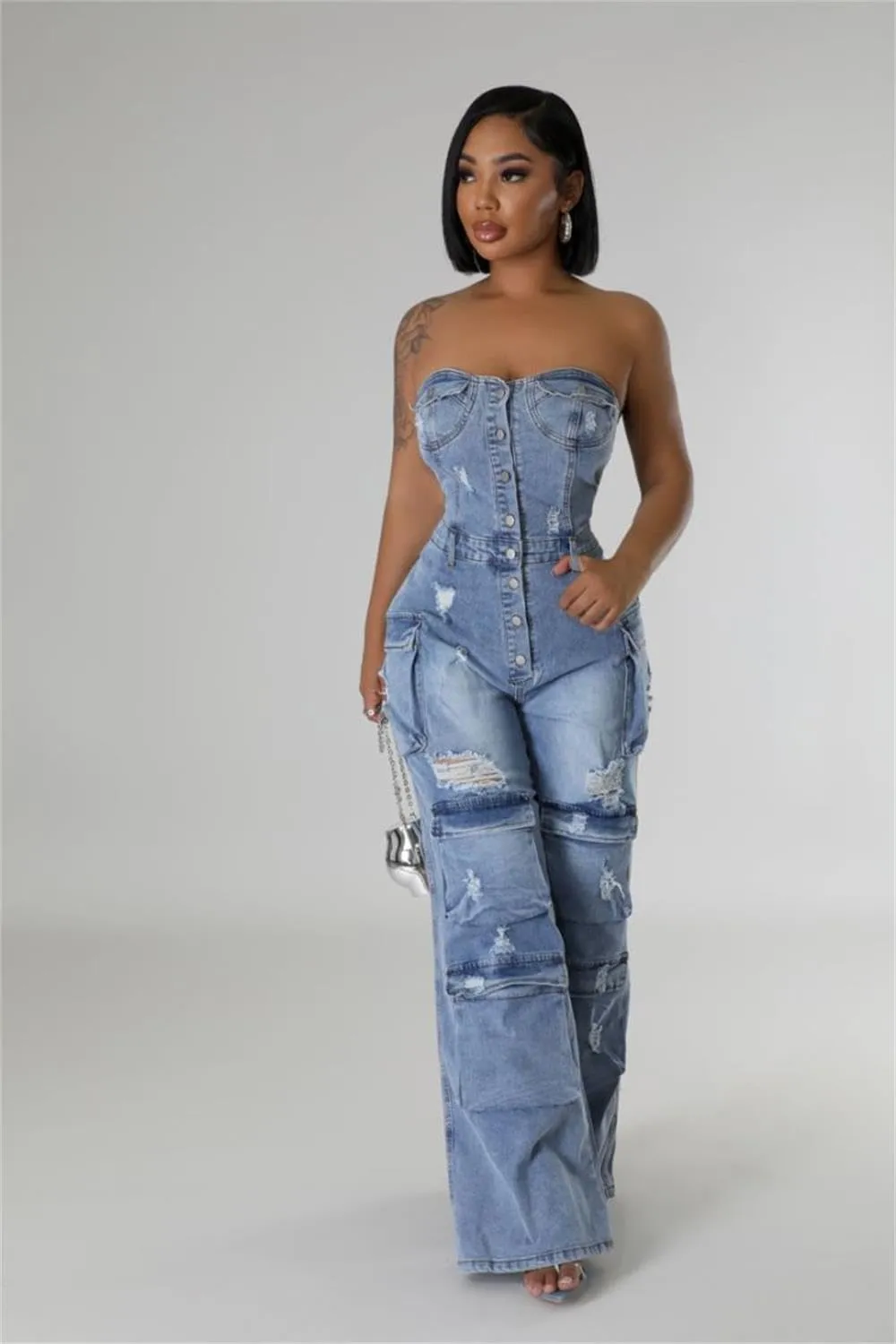 ksotutm Denim Jumpsuit for Women Strapless Multi Pockets Wide Leg Loose Baggy Jean Romper Cargo Overalls