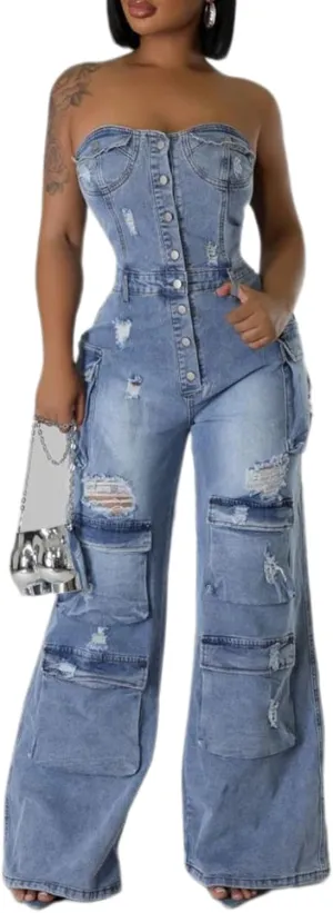 ksotutm Denim Jumpsuit for Women Strapless Multi Pockets Wide Leg Loose Baggy Jean Romper Cargo Overalls
