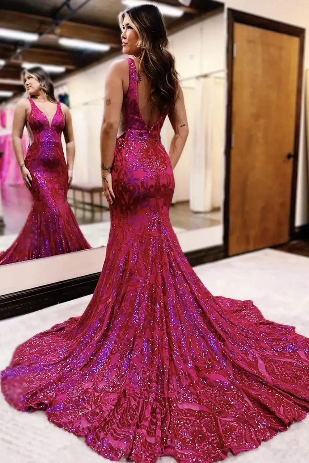 Lace Sequin Prom Dress Sparkly Long V Neck Mermaid Formal Evening Ball Gown for Women