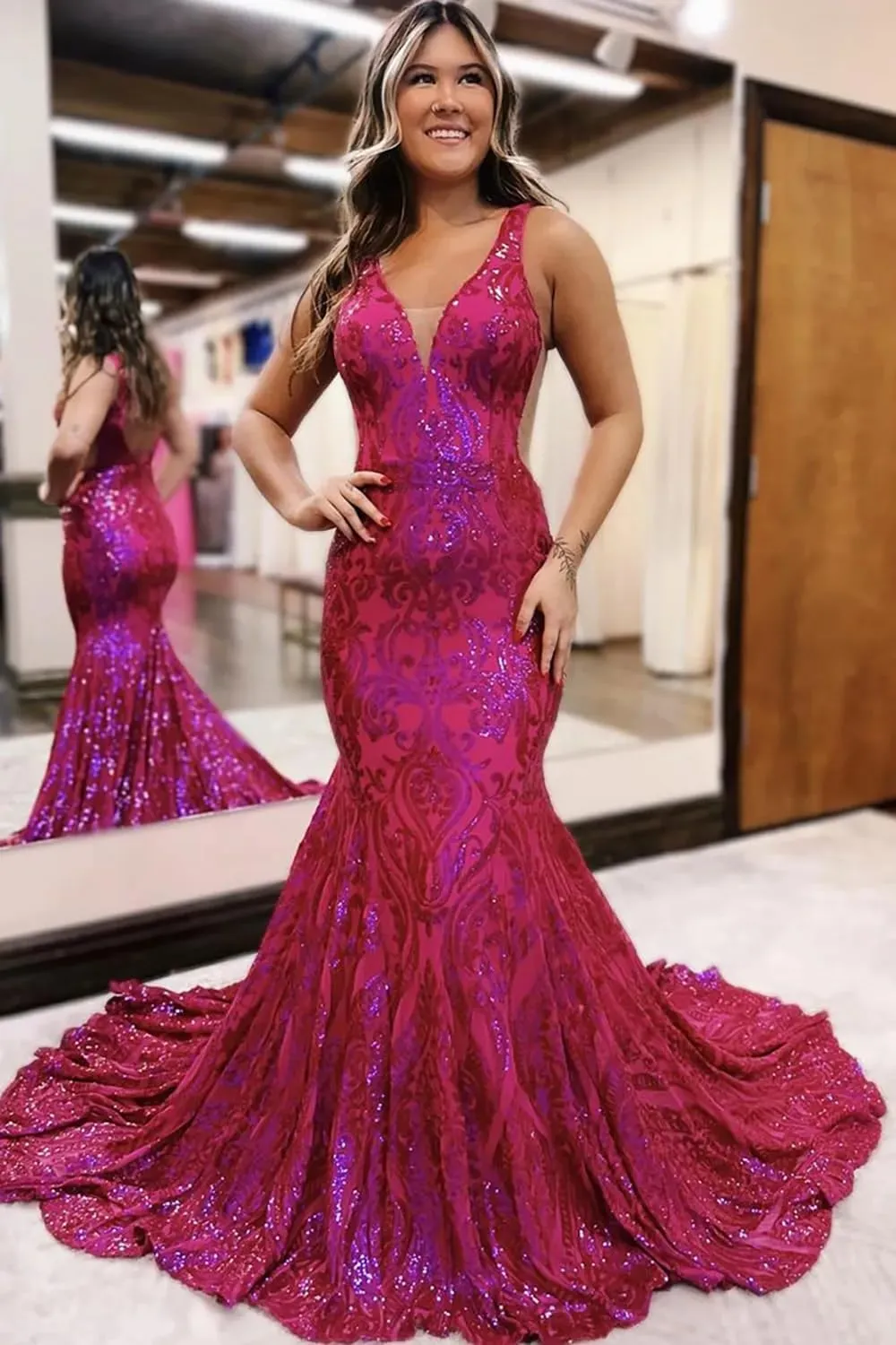 Lace Sequin Prom Dress Sparkly Long V Neck Mermaid Formal Evening Ball Gown for Women