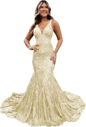 Lace Sequin Prom Dress Sparkly Long V Neck Mermaid Formal Evening Ball Gown for Women