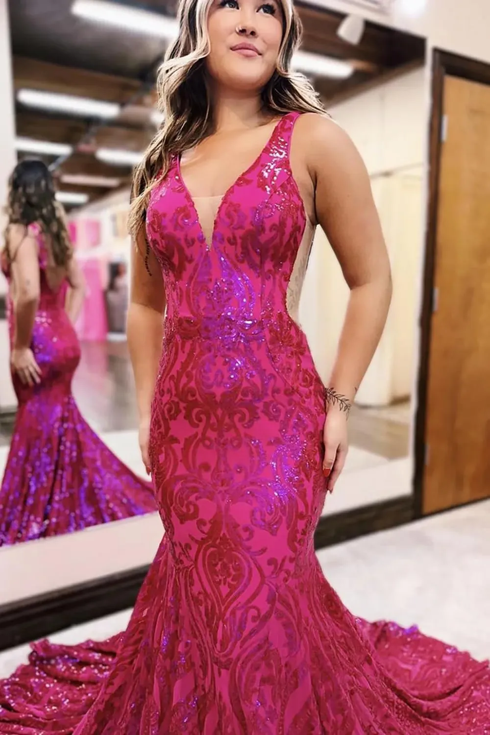 Lace Sequin Prom Dress Sparkly Long V Neck Mermaid Formal Evening Ball Gown for Women