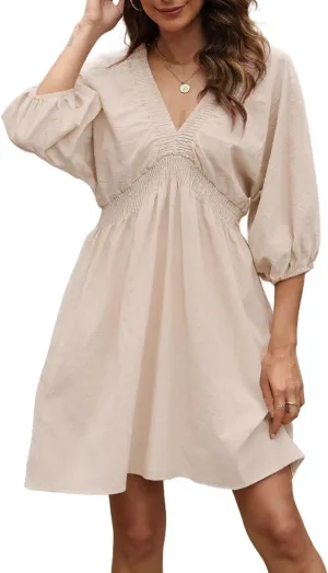 Ladyful Women's Cotton Linen Mini Dress V Neck 3/4 Sleeve Babydoll Short Flowy Dress Casual Loose Shift Tunic Dress