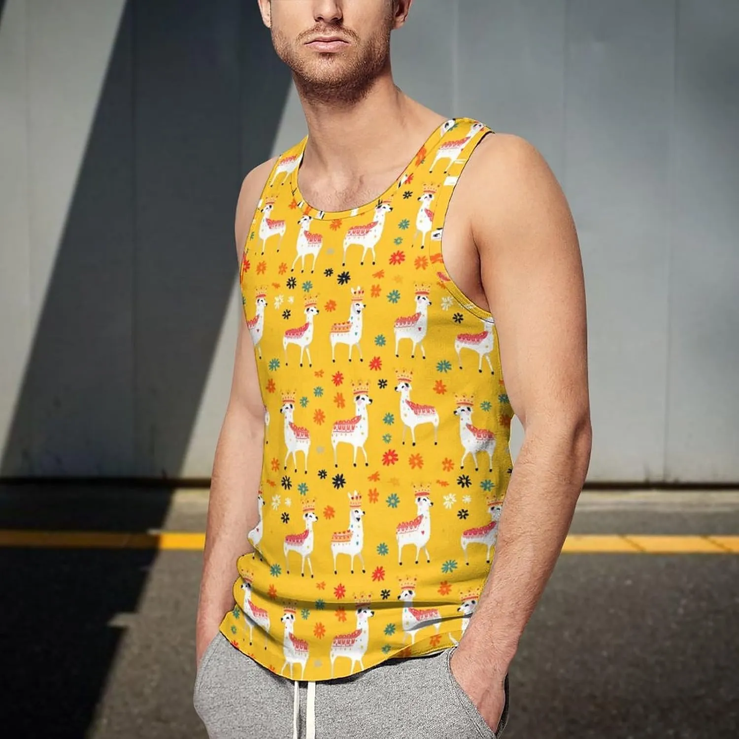 Lamas Pattern Mens Tank Top Undershirt Sleeveless Gym Vest Workout T-Shirts