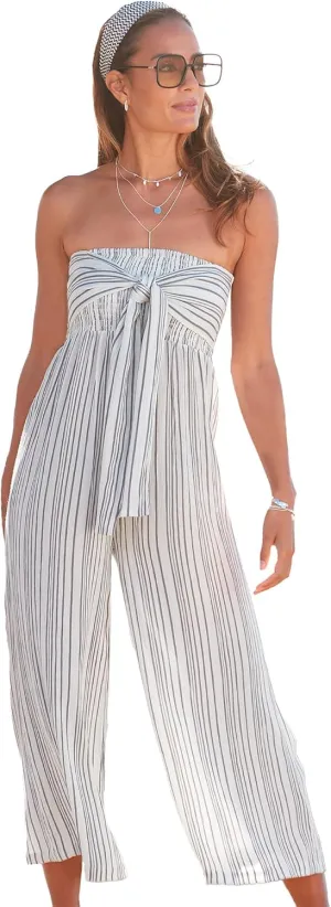 LASCANA Women's Strapless Tie Front Culotte Jumpsuit - Smocked Top, Breezy Stripe Print, Wide-Leg Fit