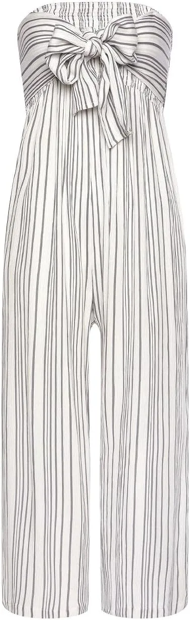 LASCANA Women's Strapless Tie Front Culotte Jumpsuit - Smocked Top, Breezy Stripe Print, Wide-Leg Fit