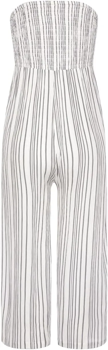 LASCANA Women's Strapless Tie Front Culotte Jumpsuit - Smocked Top, Breezy Stripe Print, Wide-Leg Fit