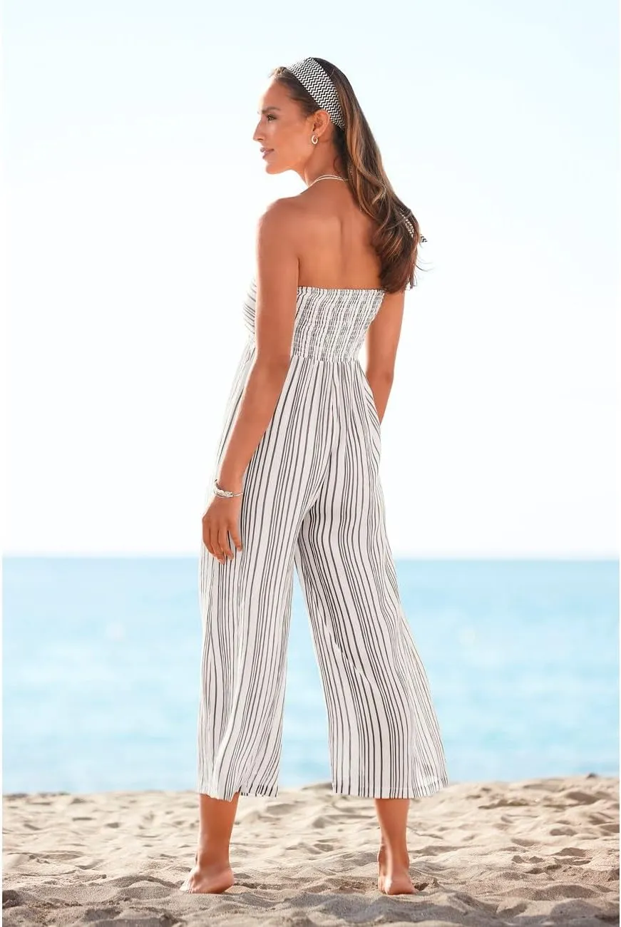 LASCANA Women's Strapless Tie Front Culotte Jumpsuit - Smocked Top, Breezy Stripe Print, Wide-Leg Fit