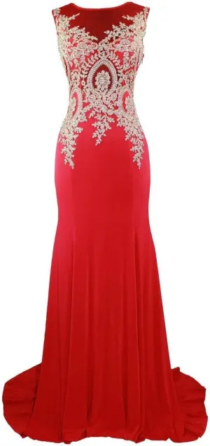 Lemai Spandex Mermaid Long Sheer Gold Crystals Lace Prom Evening Dresses