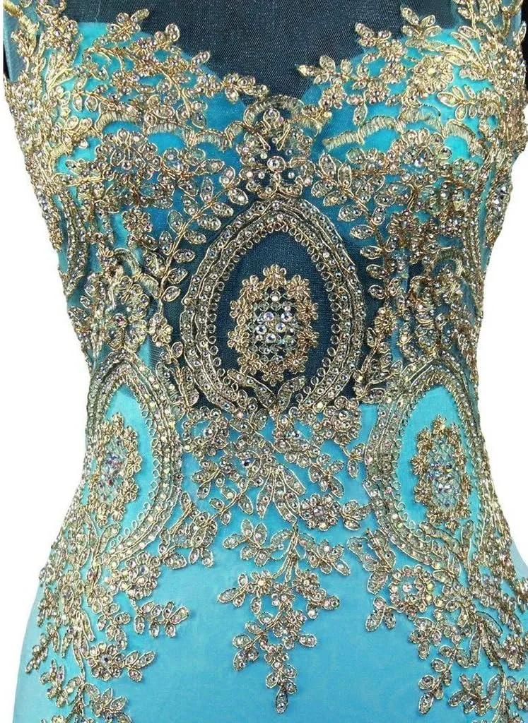 Lemai Spandex Mermaid Long Sheer Gold Crystals Lace Prom Evening Dresses