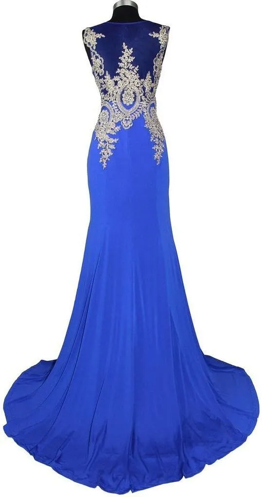 Lemai Spandex Mermaid Long Sheer Gold Crystals Lace Prom Evening Dresses
