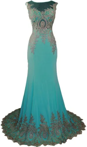 Lemai Spandex Mermaid Long Sheer Gold Crystals Lace Prom Evening Dresses