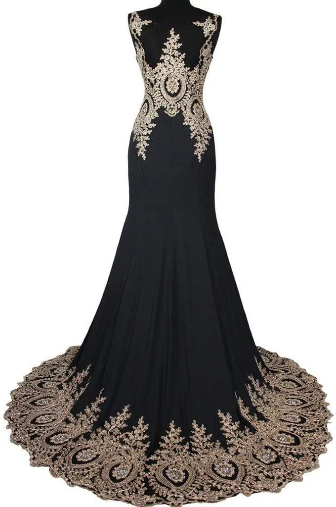 Lemai Spandex Mermaid Long Sheer Gold Crystals Lace Prom Evening Dresses