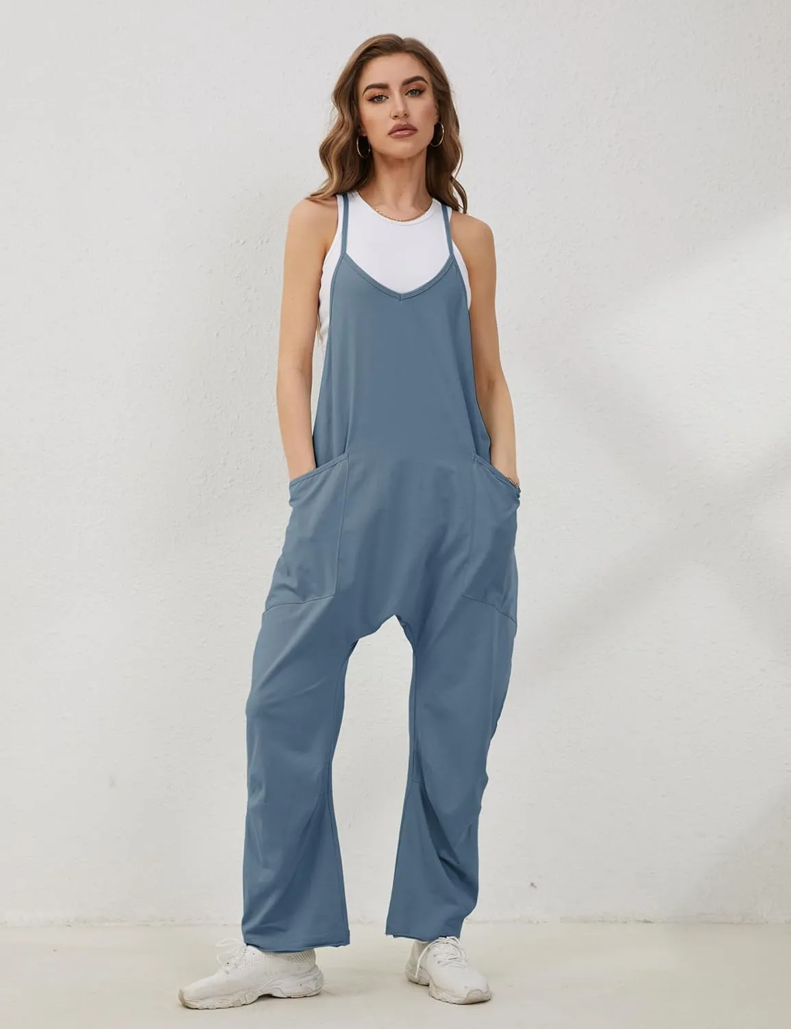 Lentta Women's Causal Jumpsuits V Neck Sleeveless Harem Overalls Stretchy Adjustable Strap Romper with Pockets