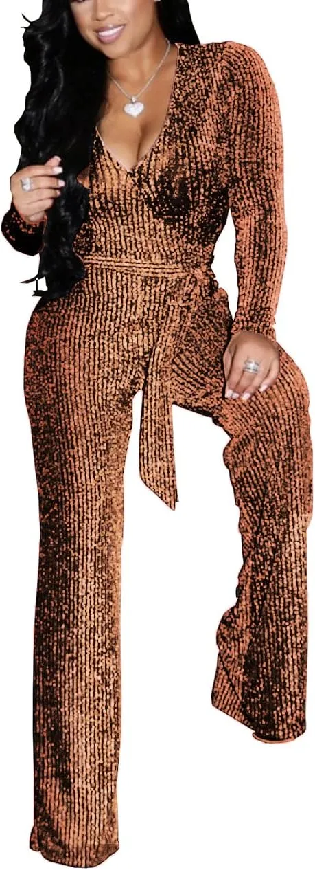 LightlyKiss Women Casual Sexy V Neck Sparkly Jumpsuits Long Sleeve Onesie Loose Pants Party Clubwear with Belt