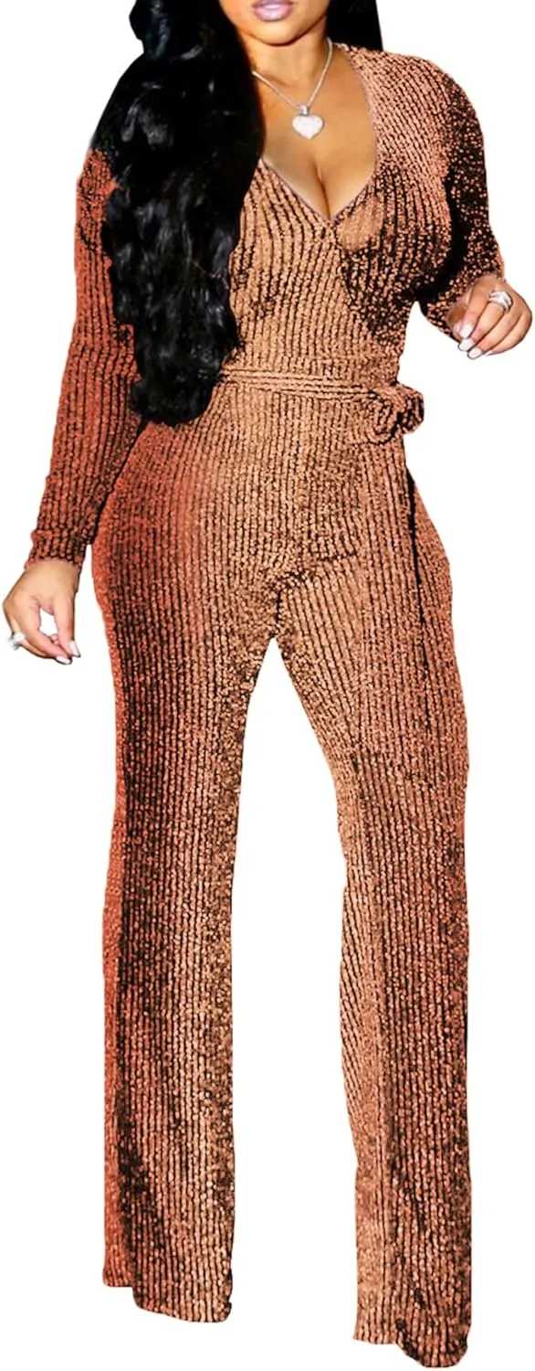 LightlyKiss Women Casual Sexy V Neck Sparkly Jumpsuits Long Sleeve Onesie Loose Pants Party Clubwear with Belt