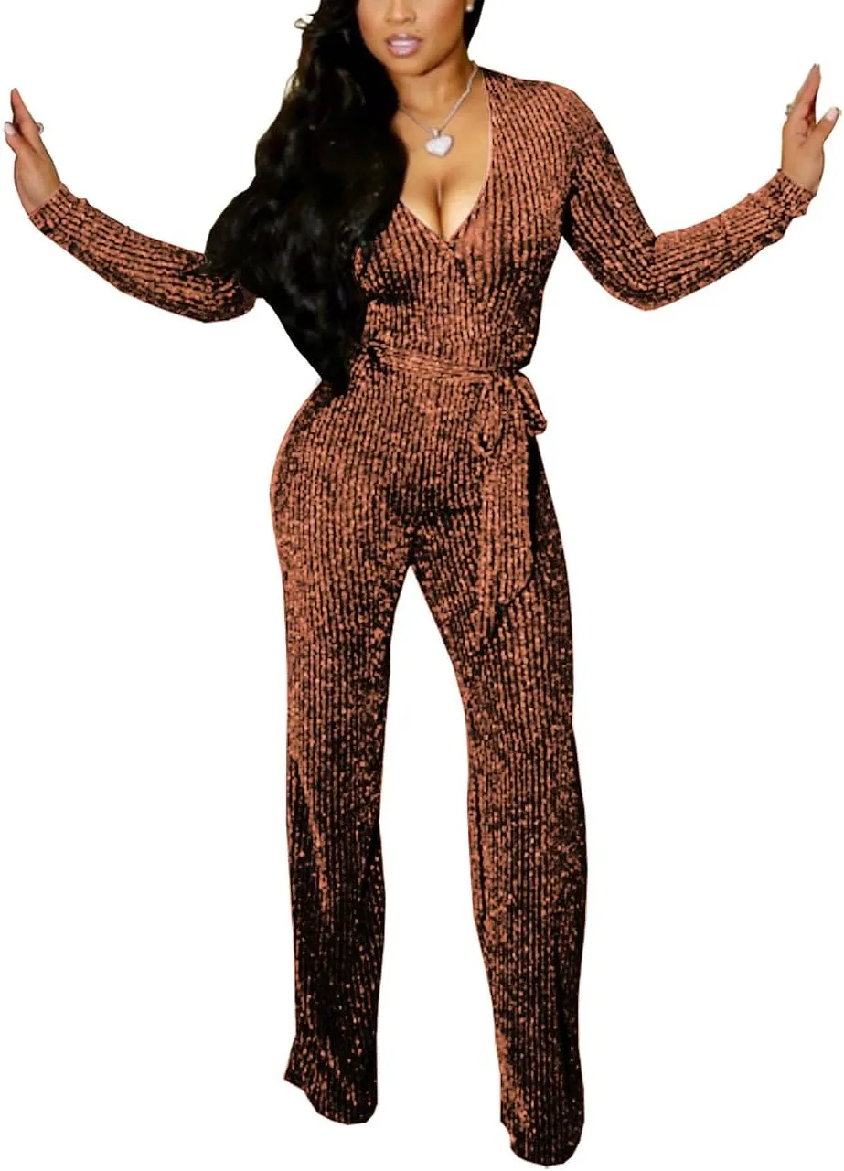 LightlyKiss Women Casual Sexy V Neck Sparkly Jumpsuits Long Sleeve Onesie Loose Pants Party Clubwear with Belt