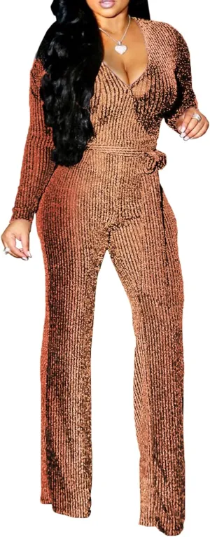 LightlyKiss Women Casual Sexy V Neck Sparkly Jumpsuits Long Sleeve Onesie Loose Pants Party Clubwear with Belt