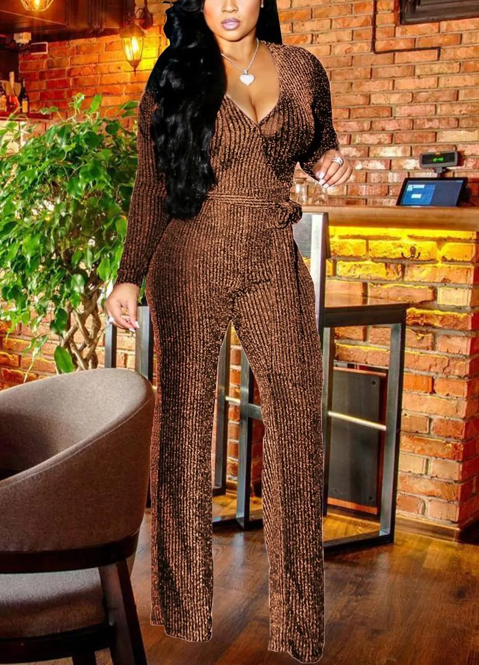 LightlyKiss Women Casual Sexy V Neck Sparkly Jumpsuits Long Sleeve Onesie Loose Pants Party Clubwear with Belt