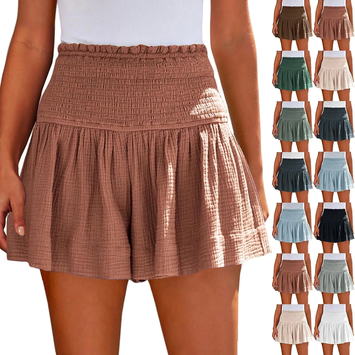 Linen Shorts for Women Summer Flowy Beach Shorts Smocked High Waisted Wide Leg Lightweight Athletic Gym Running Pants