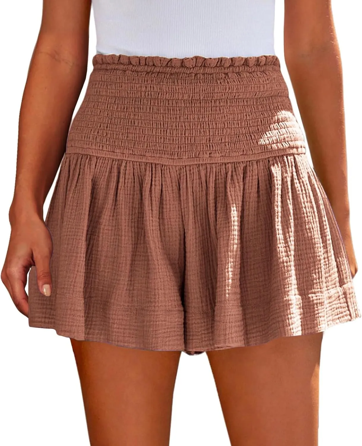 Linen Shorts for Women Summer Flowy Beach Shorts Smocked High Waisted Wide Leg Lightweight Athletic Gym Running Pants