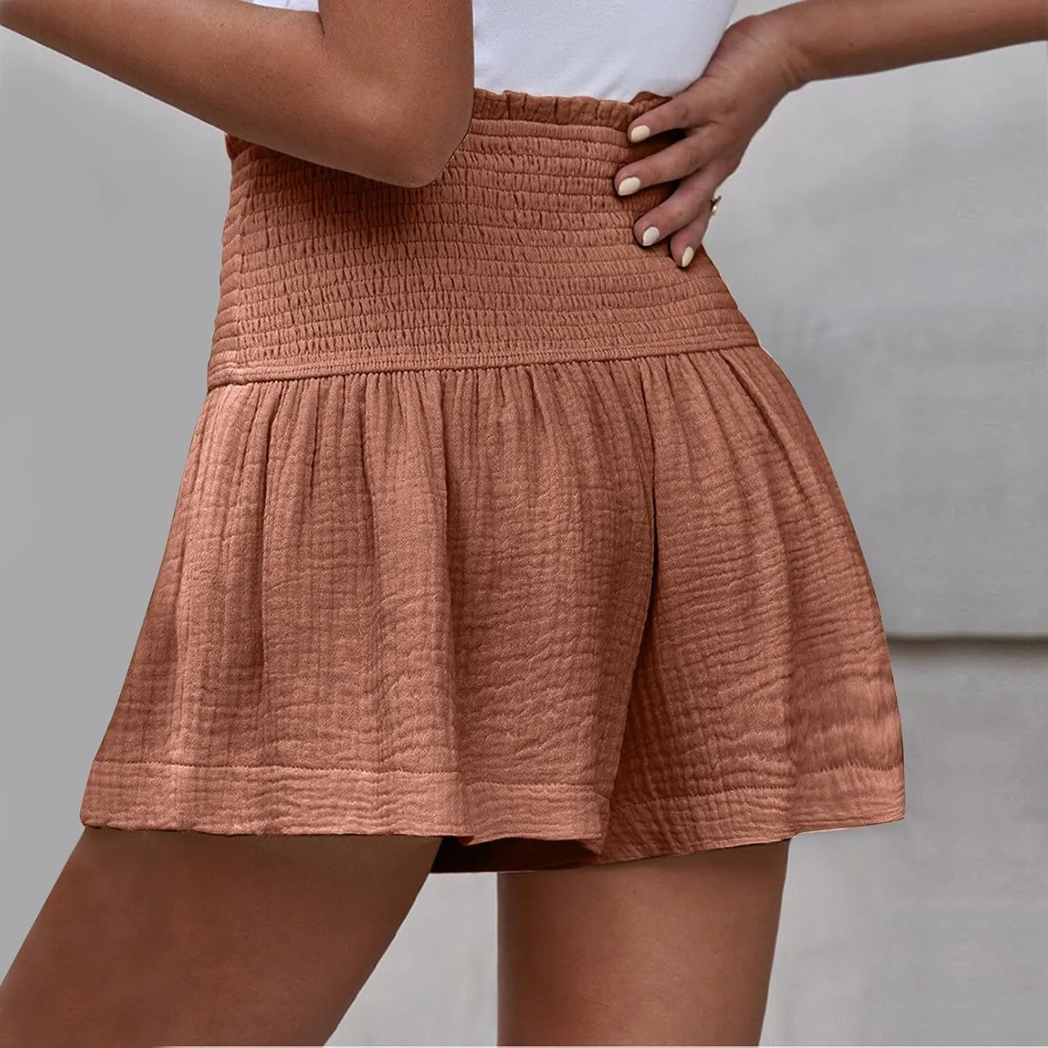 Linen Shorts for Women Summer Flowy Beach Shorts Smocked High Waisted Wide Leg Lightweight Athletic Gym Running Pants