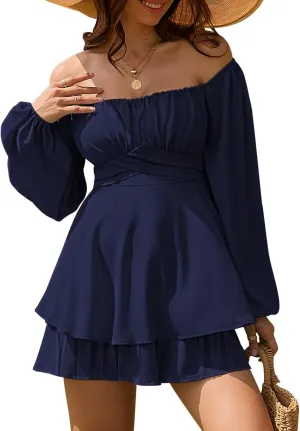 Linsery Womens Ruffle Long Sleeve Short Rompers Sexy Layered Tie Waist Chiffon One Piece Outfits Solid Jumpsuit