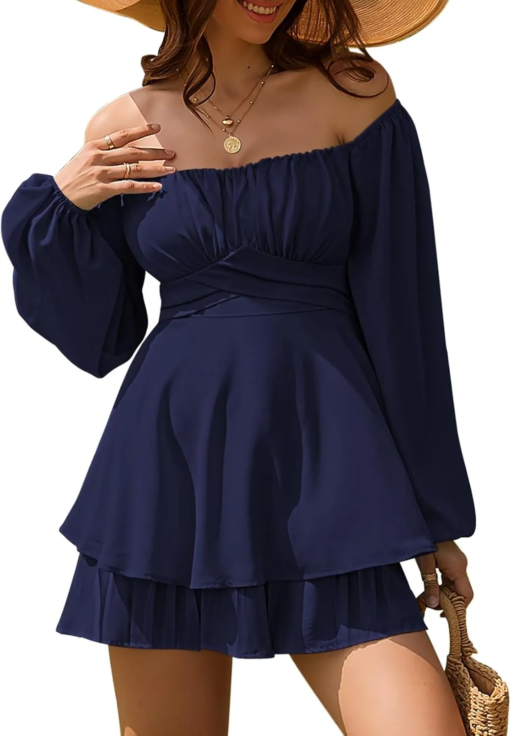 Linsery Womens Ruffle Long Sleeve Short Rompers Sexy Layered Tie Waist Chiffon One Piece Outfits Solid Jumpsuit