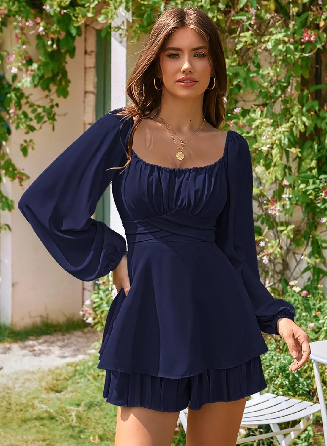 Linsery Womens Ruffle Long Sleeve Short Rompers Sexy Layered Tie Waist Chiffon One Piece Outfits Solid Jumpsuit