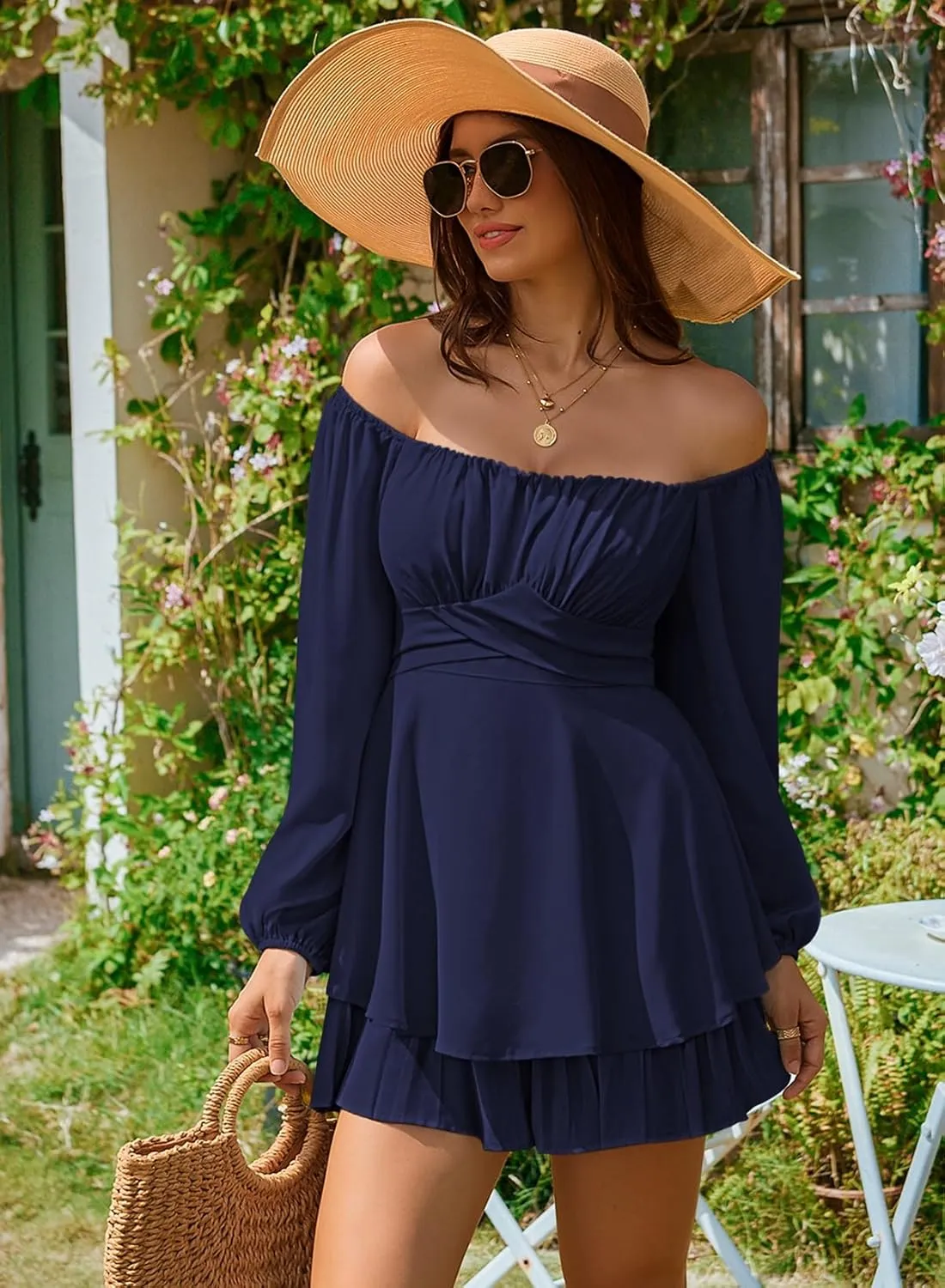 Linsery Womens Ruffle Long Sleeve Short Rompers Sexy Layered Tie Waist Chiffon One Piece Outfits Solid Jumpsuit