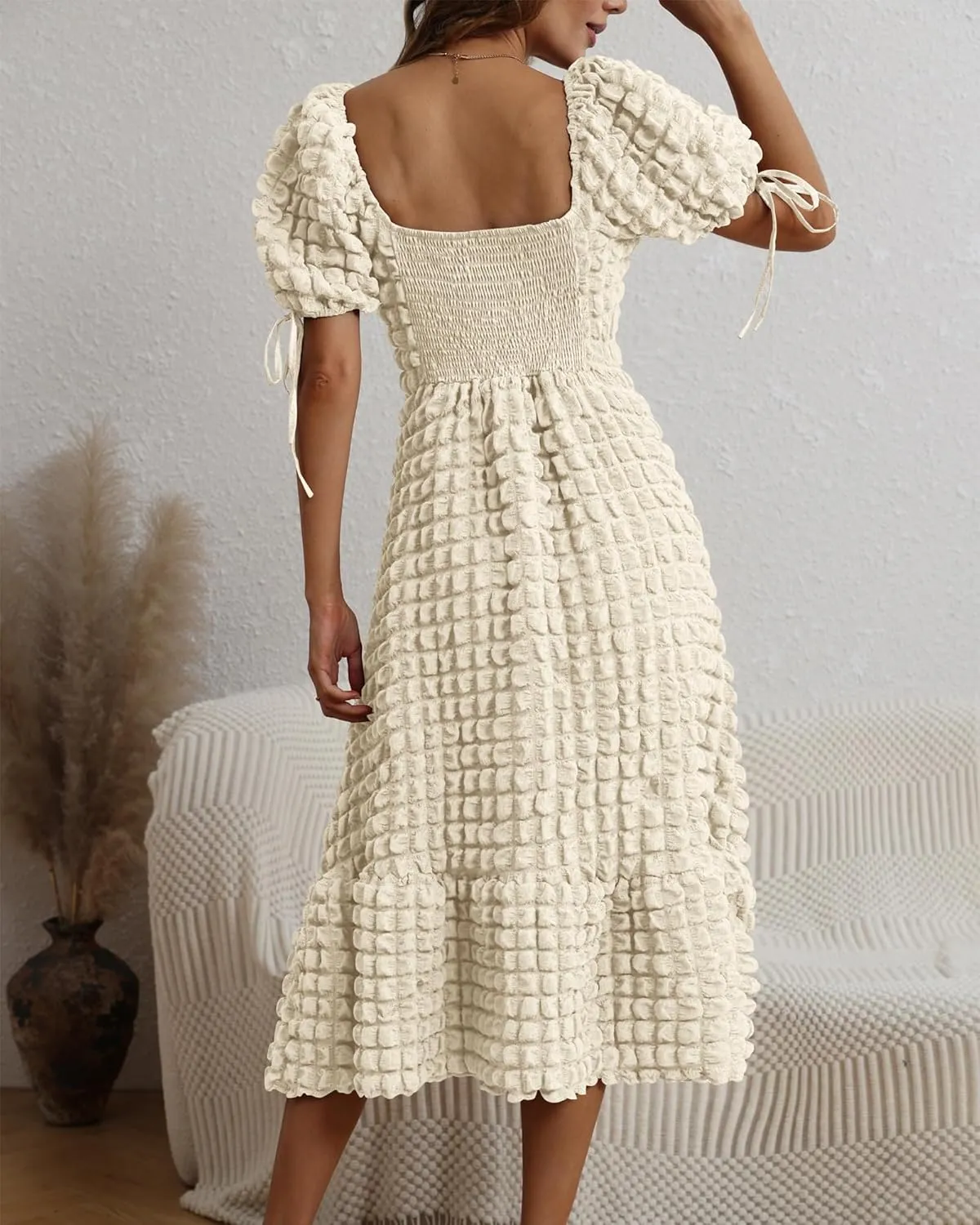 Locachy Womens Casual Summer Dresses 2024 Boho Short Sleeve V Neck Sundresses Backless Long Textured Maxi Dress