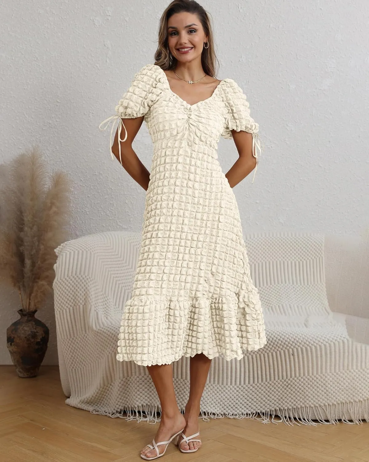 Locachy Womens Casual Summer Dresses 2024 Boho Short Sleeve V Neck Sundresses Backless Long Textured Maxi Dress