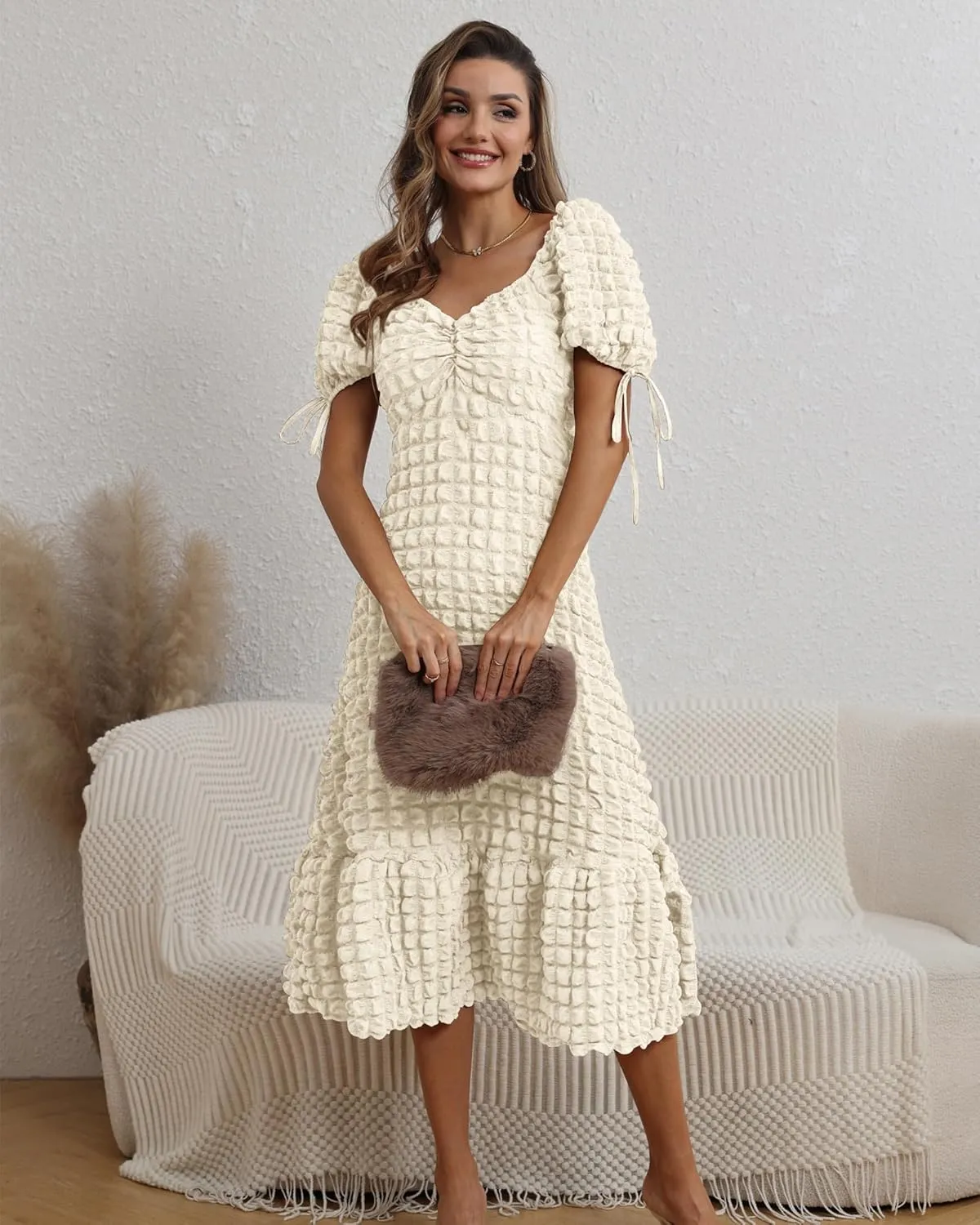 Locachy Womens Casual Summer Dresses 2024 Boho Short Sleeve V Neck Sundresses Backless Long Textured Maxi Dress
