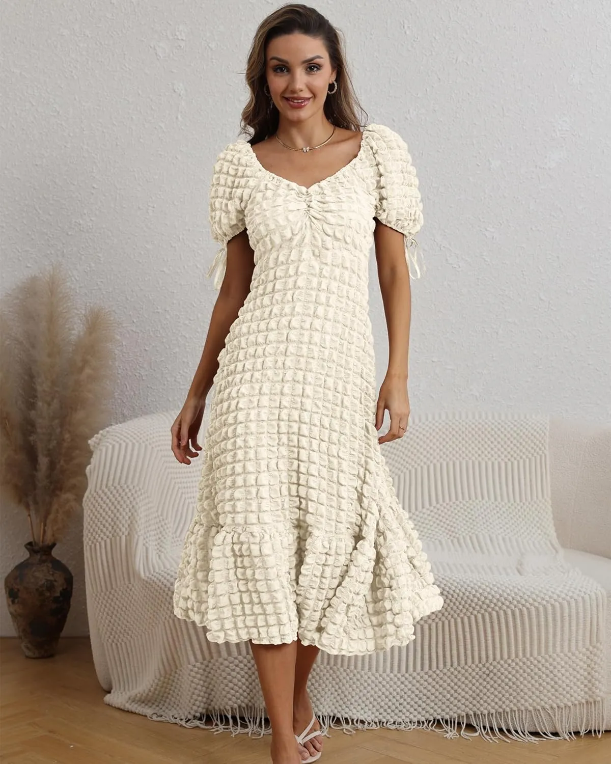 Locachy Womens Casual Summer Dresses 2024 Boho Short Sleeve V Neck Sundresses Backless Long Textured Maxi Dress